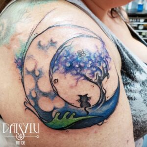 watercolor moon and tree tattoo